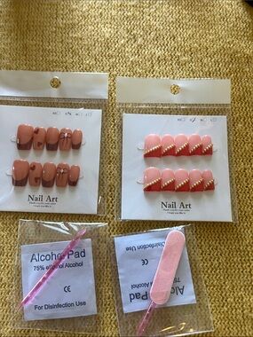 Press-On Nail Set - Pink Nail Art with Gold Accent Two Sets